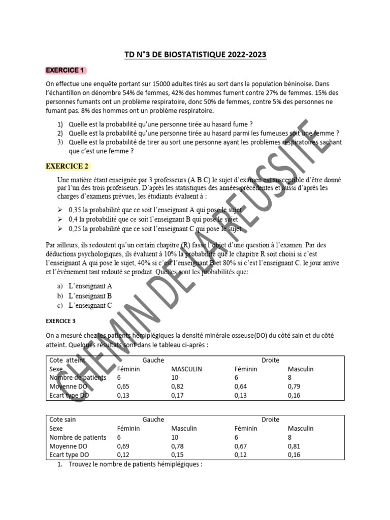 TD N°3 Biosta CR - 112805 | PDF | Loi de probabilité | Probabilité