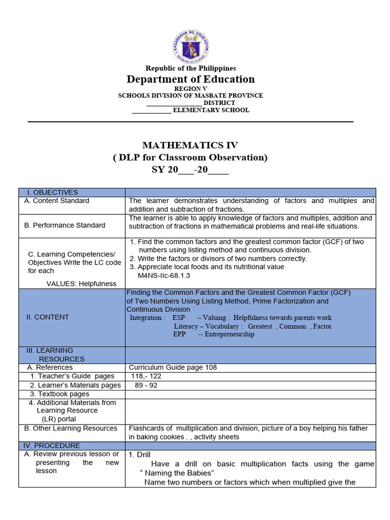GCF and Factors Lesson Plan for Grade 4 | PDF | Learning | Cognitive ...