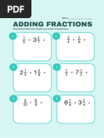 Adding and Subtracting Fractions Math Printable Worksheet Blue  