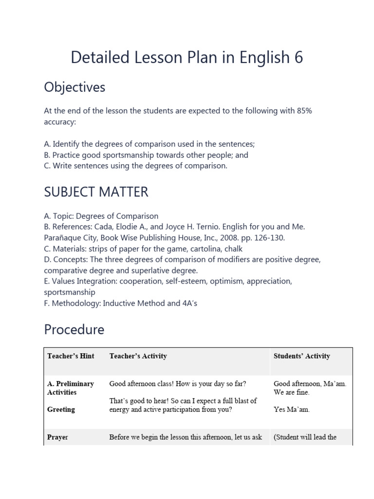Sample of A Detailed Lesson Plan | PDF | Adjective | Human Communication