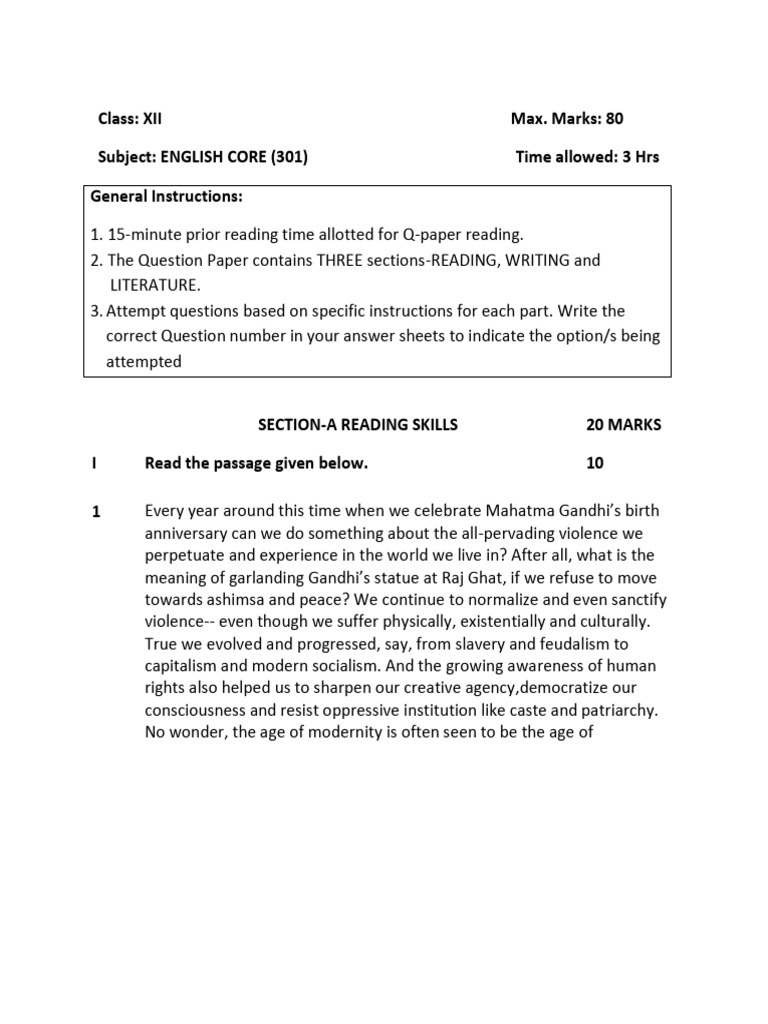 Practice Paper PreBoard Xii Eng Core 202324 PDF Mahatma Gandhi Nonviolence