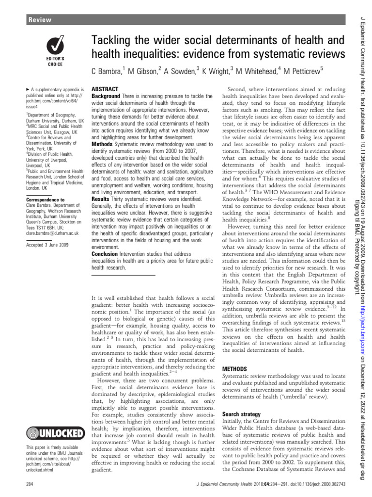 Tacking The Wider Determinants of Health Inequality PDF Health