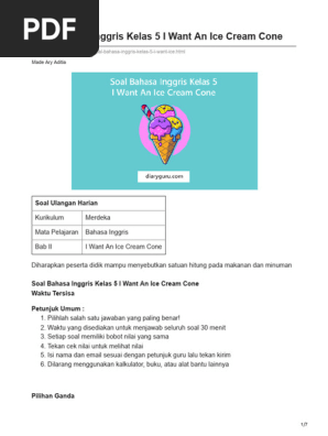 diaryguru.com-Soal Bahasa Inggris Kelas 5 I Want An Ice Cream Cone