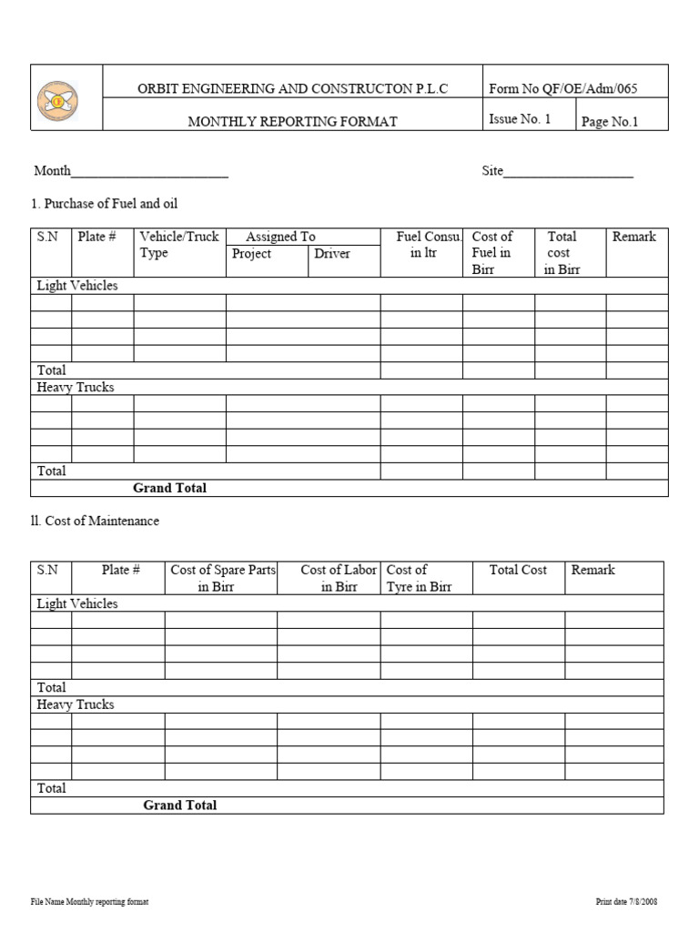 Pmsma Monthly Report Format In Excel