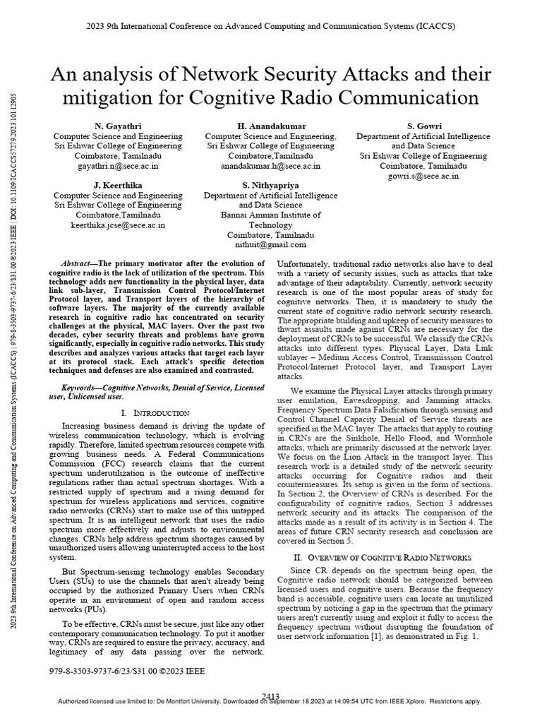 Network Security Attacks in Cognitive Radio | PDF | Computer Network ...