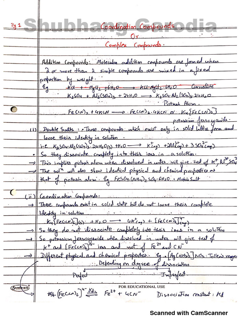 Class 12 Handwritten Notes on Coordination Compounds | PDF