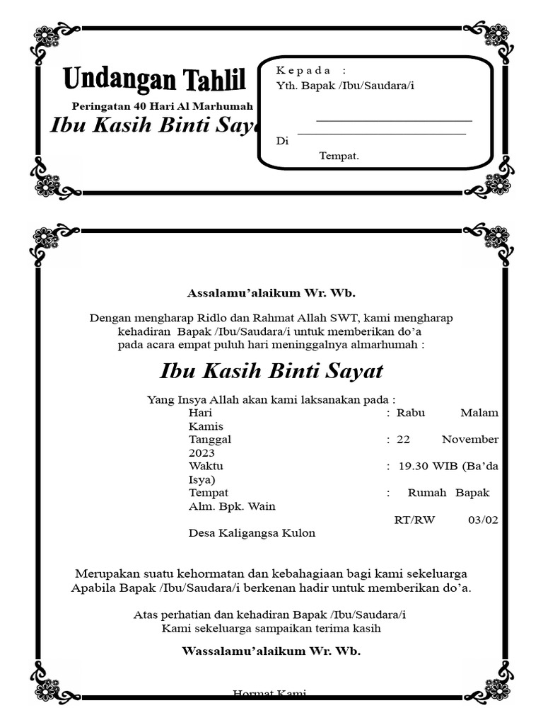 Undangan Tahlil 100 Hari | PDF