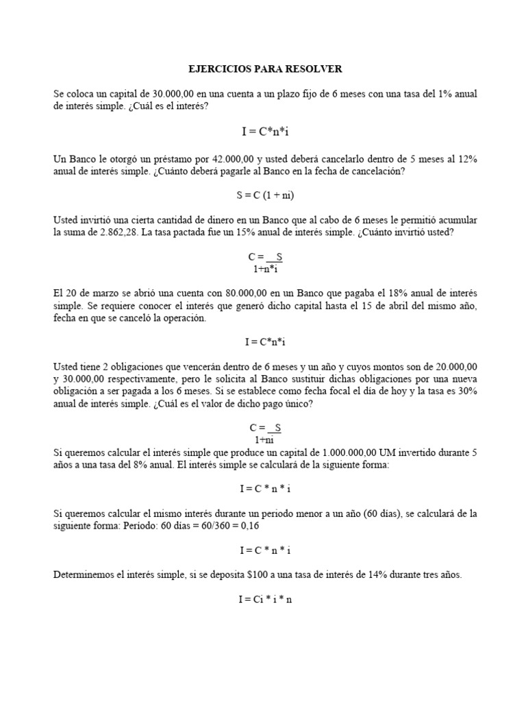 I C N I: Ejercicios para Resolver | PDF | Interés | Bancos