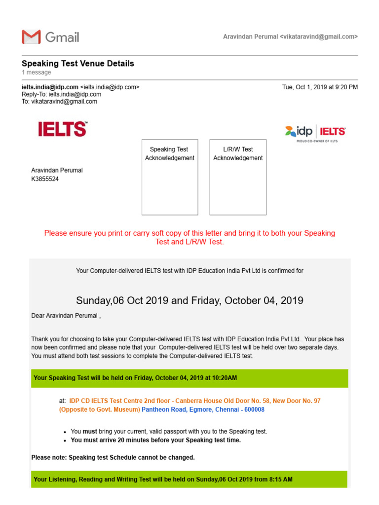 Gmail Speaking Test Venue Details PDF International English