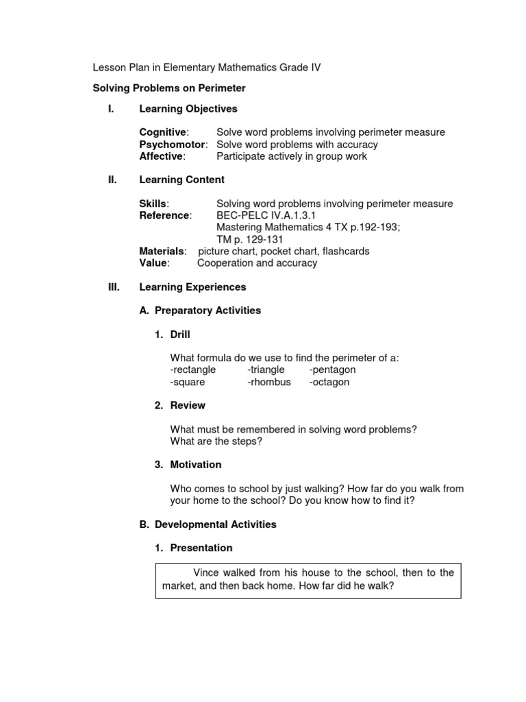 Grade 4 Math Lesson Plan: Perimeter | PDF | Rectangle | Elementary Geometry