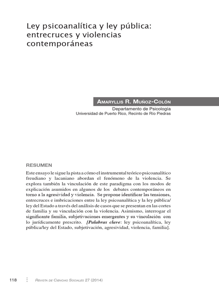 Ley Psicoanalítica y Ley Pública Entrecruces y Violencias