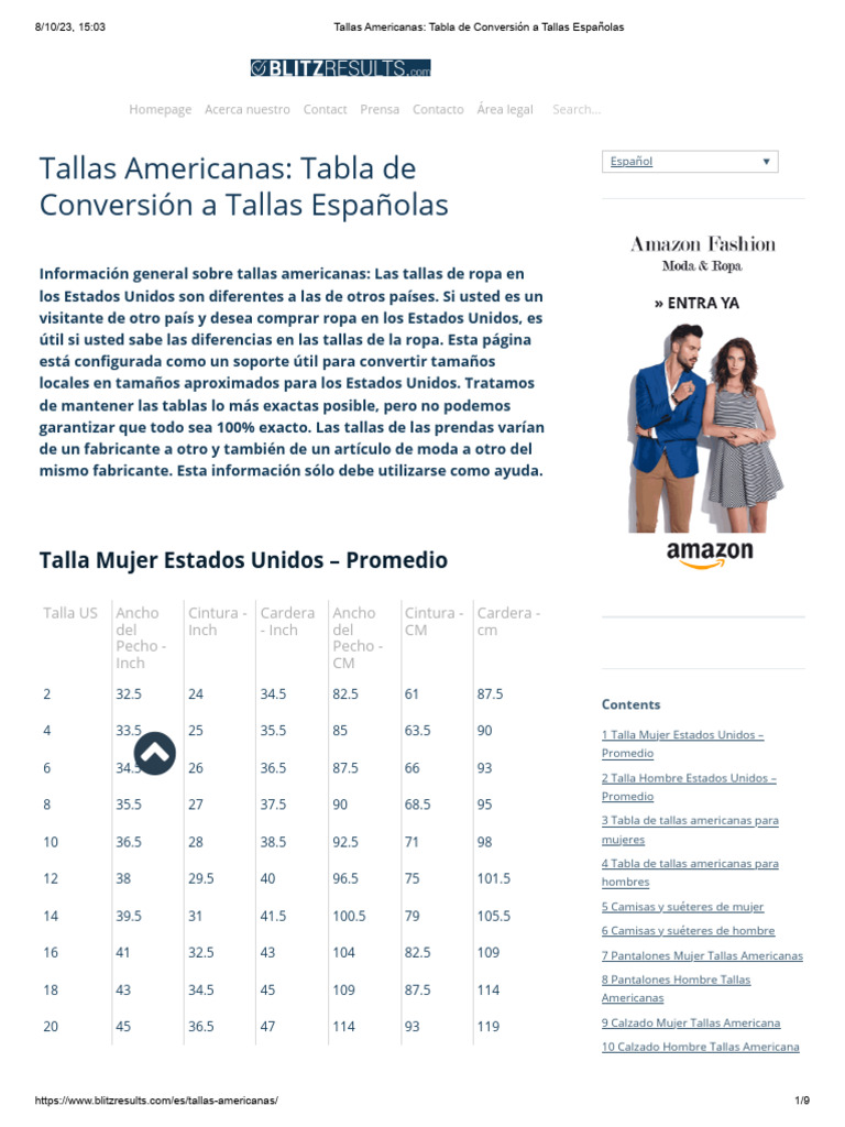 Tallas Americanas_ Tabla de Conversión a Tallas Españolas | PDF ...