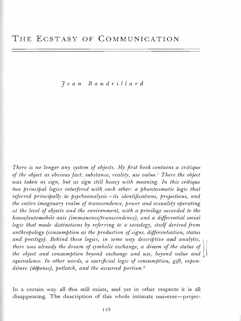 The Ecstasy of Communication Jean Baudrillard 1983 Anna