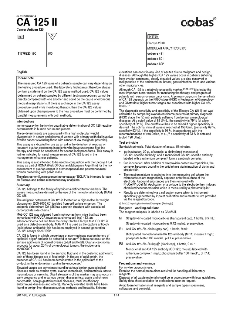 CA 125 II Cancer Antigen 125 PDF Detection Limit Ovarian Cancer