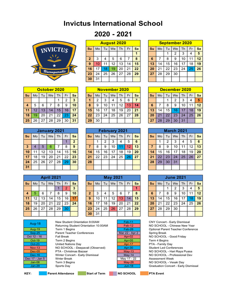 2020 2021 Invictus School Calendar PDF Observances