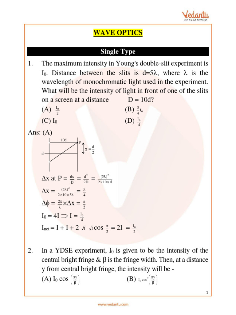 Jee Advanced Wave Optics Important Questions | PDF | Wavelength ...