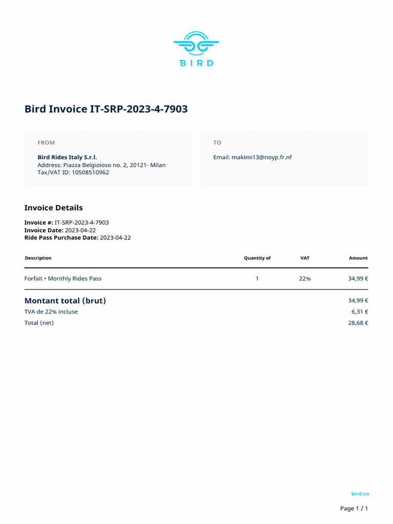 Bird Ride Pass Invoice ITSRP202347903 PDF