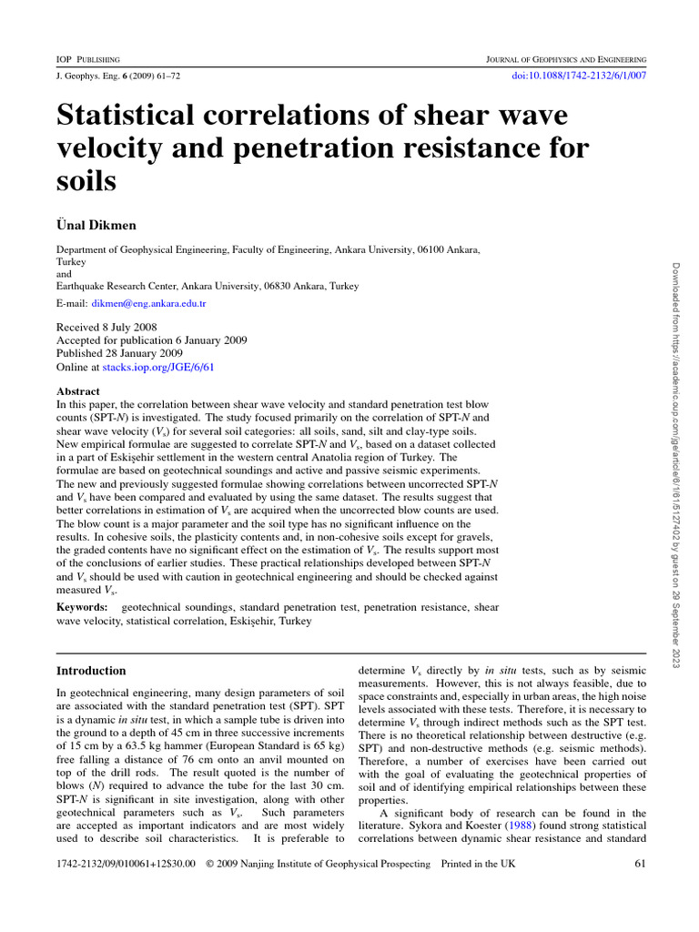 Statistical Correlations of Shear Wave Velocity and Penetration ...