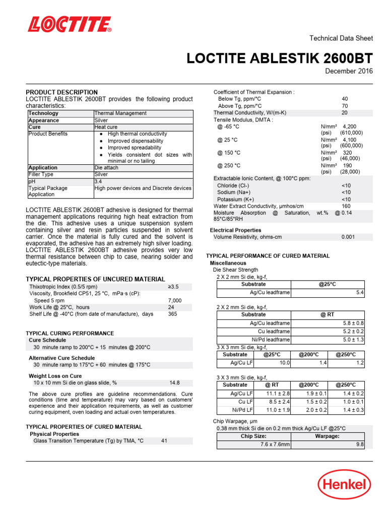 Loctite ablestik 2600bt en gl pdf materials science physical