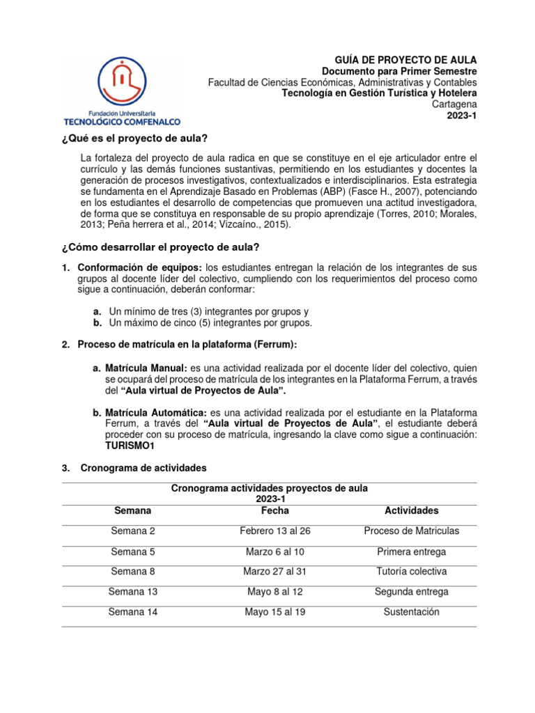 Guía Proyecto de Aula 2023-1 Turismo | PDF | Maestros | Salón de clases