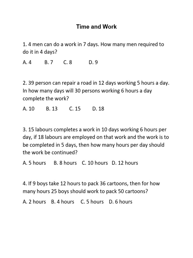 Work And Time Questions Pdf