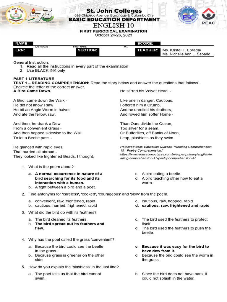 English 10 First Periodical Examination Answer Key | PDF | Senses