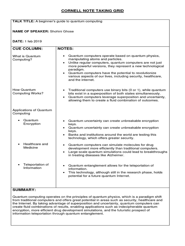 Cornell NoteTaking Grid PDF Quantum Mechanics Quantum Computing