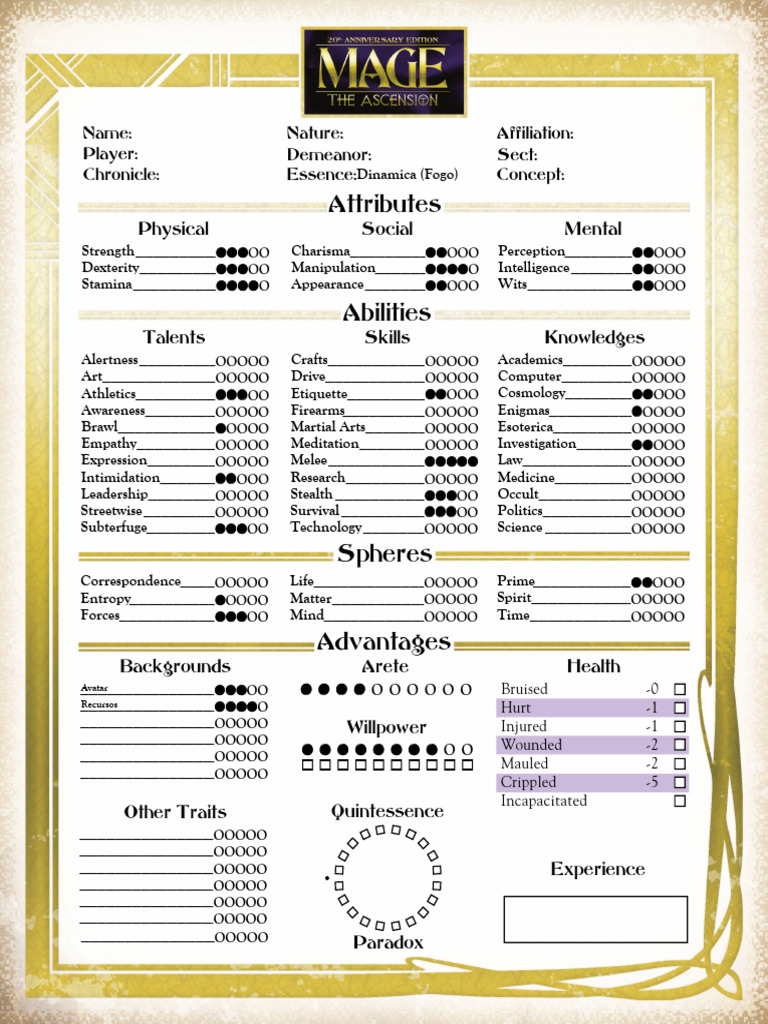 Mage The Ascension 20th Anniversary Edition Character Sheet | PDF