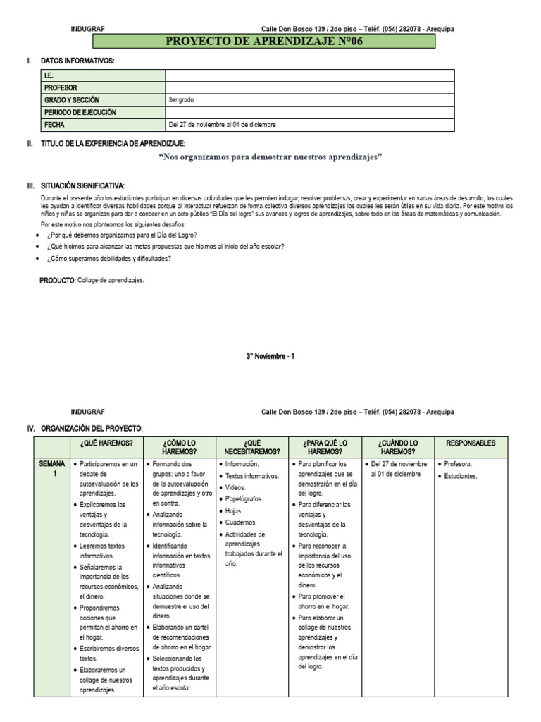 3° Grado - Proyecto de Aprendizaje N°06 | PDF | Fe | Aprendizaje