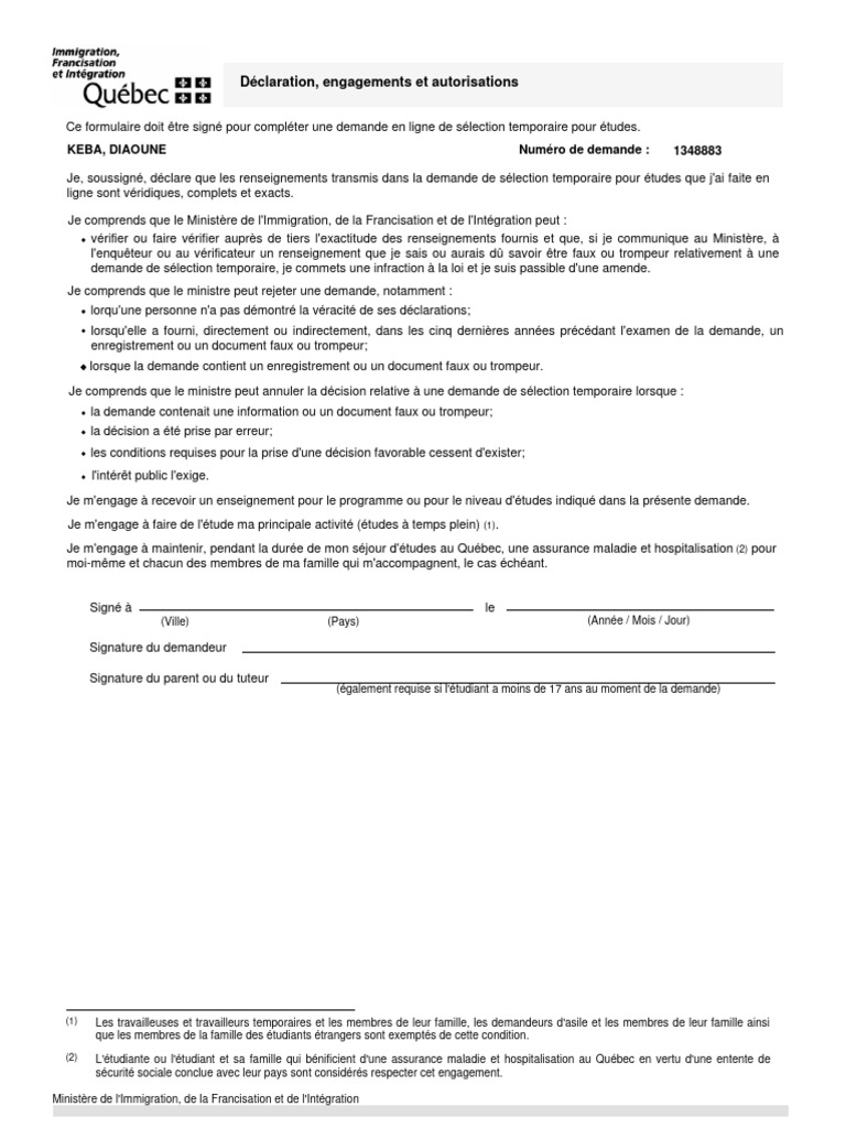 Engagements pour demande d'études au Québec | PDF | Passeport