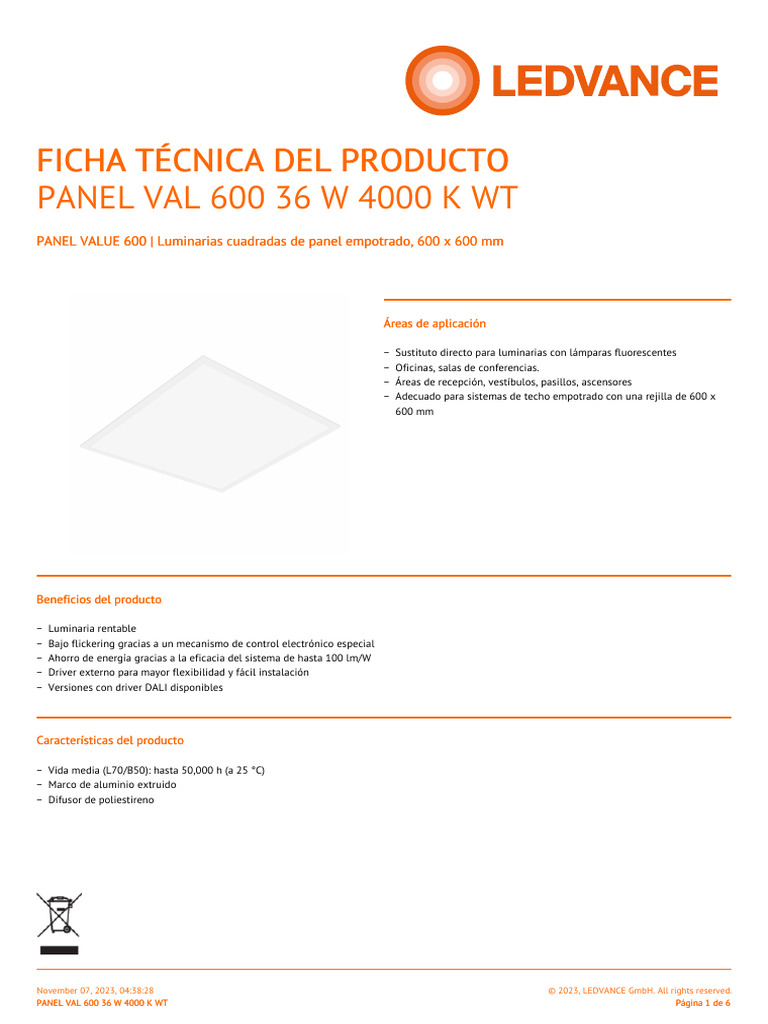 PANEL VAL 600 36 W 4000 K WT Es | PDF | Electricidad | Ingenieria Eléctrica