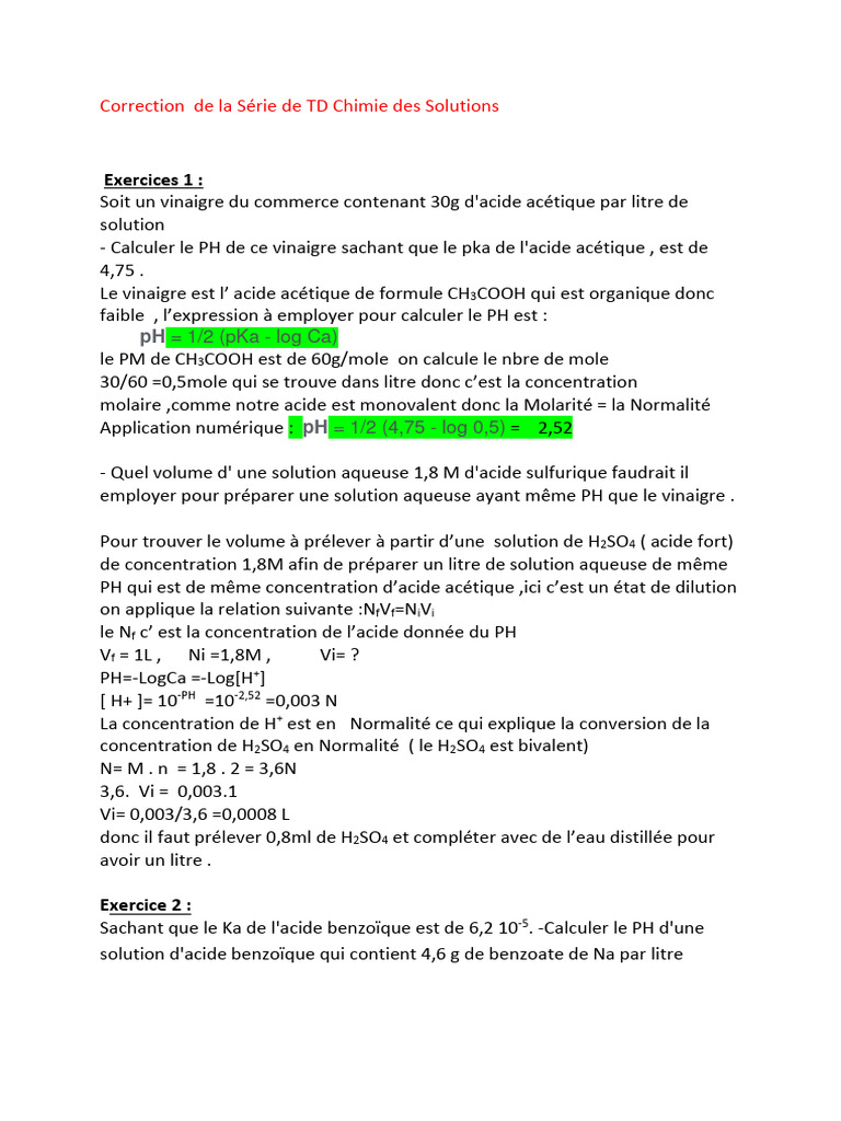 Correction TD Chimie des Solutions | PDF | Constante d'acidité | Ph