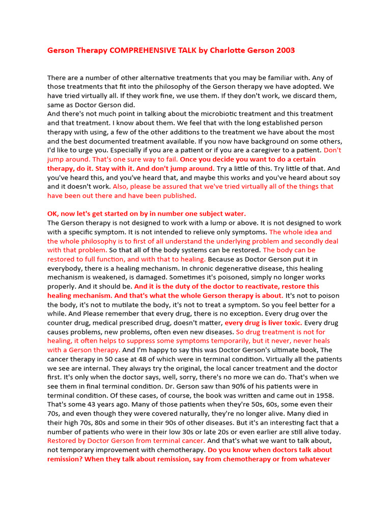 Gerson Therapy COMPREHENSIVE TALK by Charlotte Gerson 2003 | PDF ...