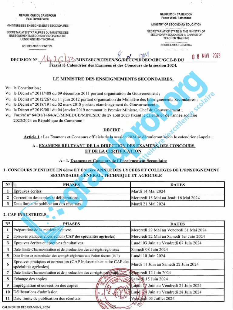 Calendrier Examen 2024 PDF