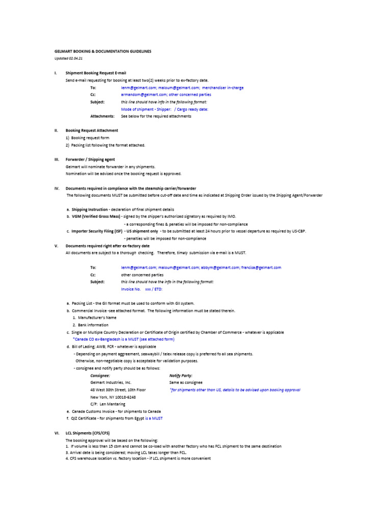 Gelmart Shipment Booking Guidelines | PDF | Cargo