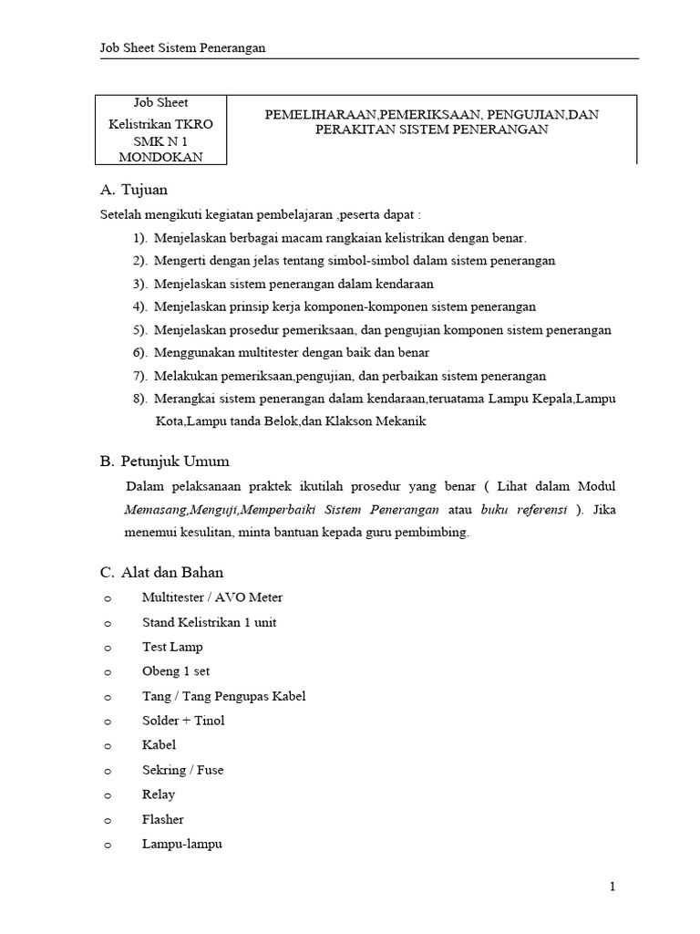 Job Sheet Sistem Penerangan TKRO | PDF | Teknologi & Rekayasa