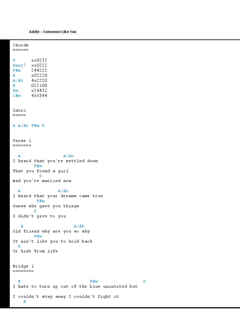Adele - Someone Like You Guitar Chords | PDF | Song Structure, image size:768x1024