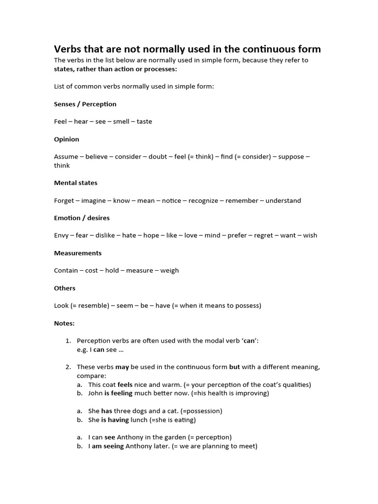 Verbs That Are Not Normally Used in The Continuous Form | PDF ...