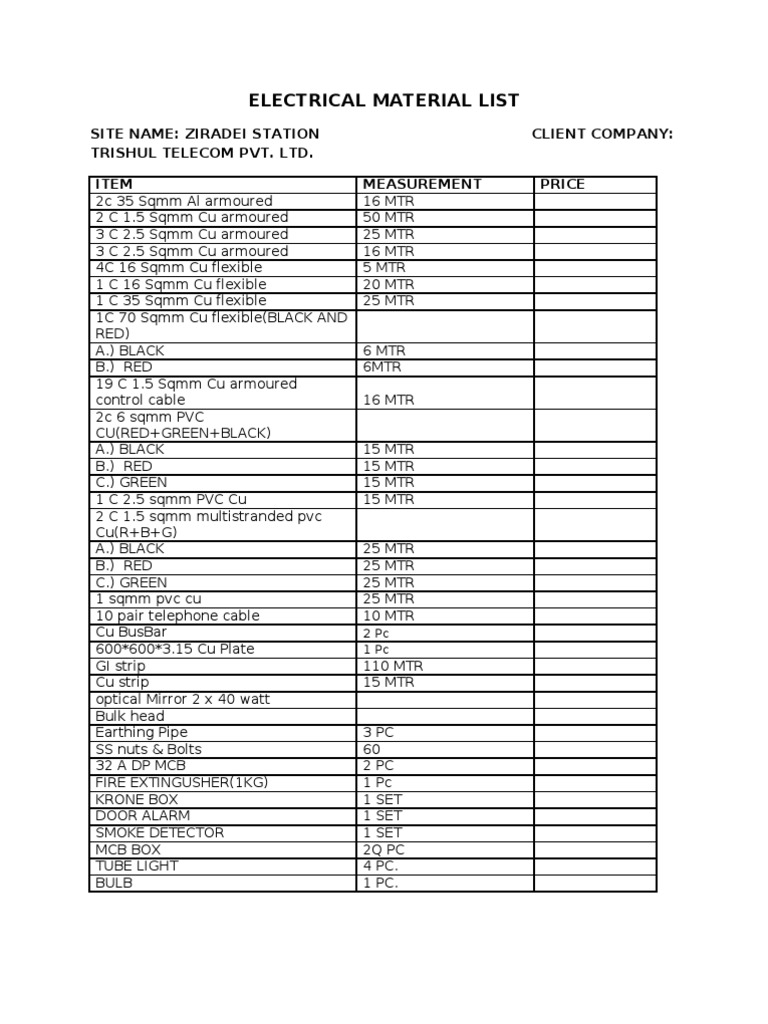 Electrical Material List PDF