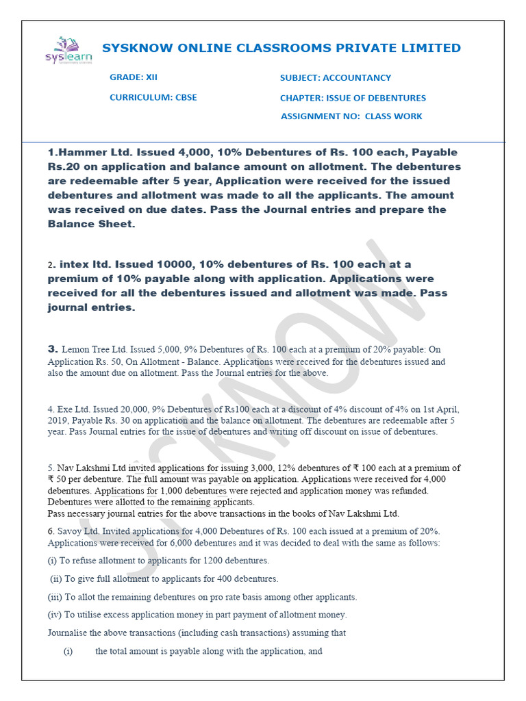 Issue Of Debentures Class Work Pdf Insurance Securities Finance