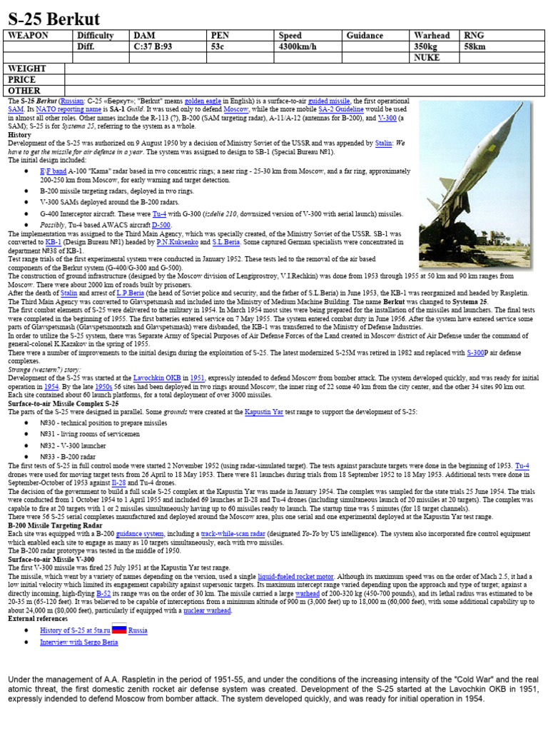 S-25 Berkut: Moscow's First SAM System | PDF | Military Science | Missile