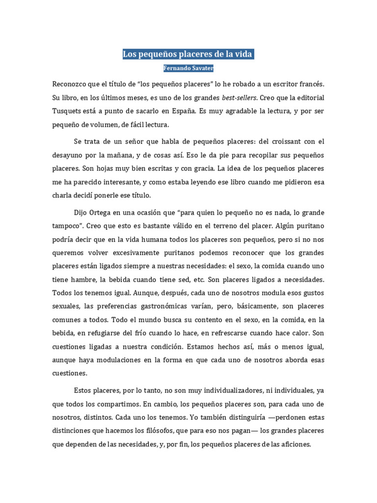 Los Pequeños Placeres De La Vida Fernando Savater Pdf Placer Alma