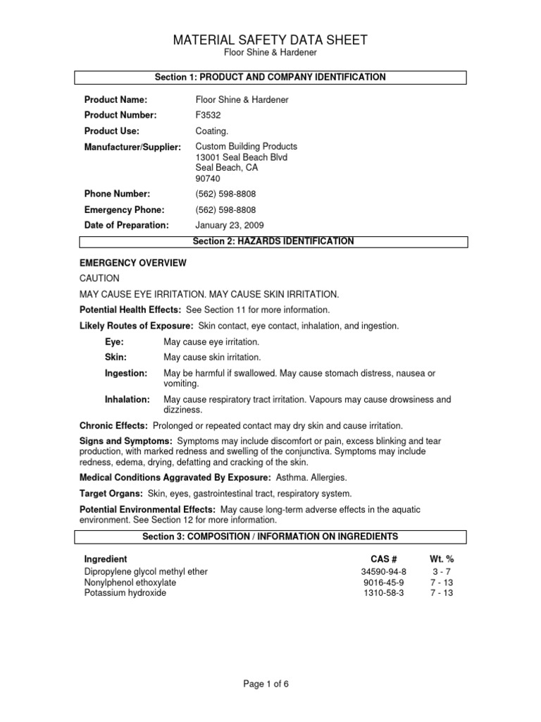 Floor Shine and Hardener MSDS PDF Carcinogen Personal Protective