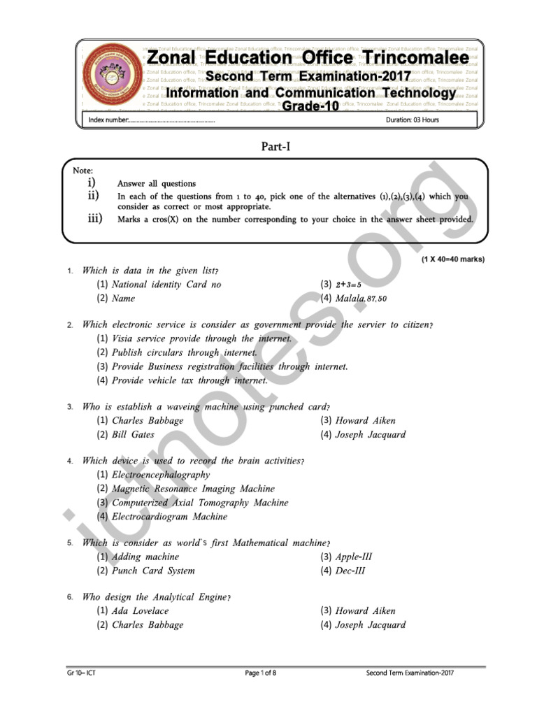 Grade 10 ICT English Medium Second Term Test Zonal Educational Paper 2017 PDF