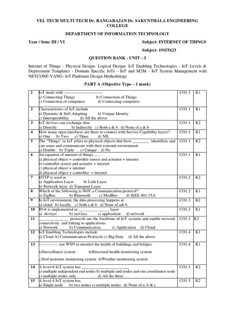 191IT623 - Internet of Things - Unit 1 QB | PDF | Internet Of Things ...