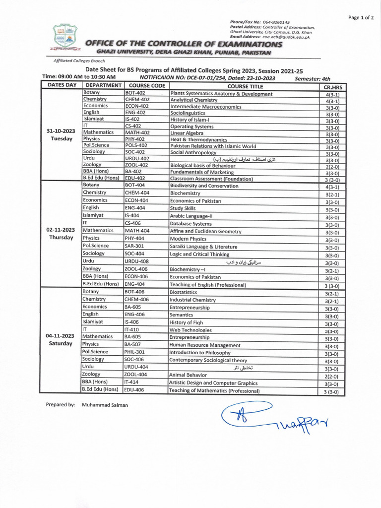 Date Sheet 4th Semester PDF
