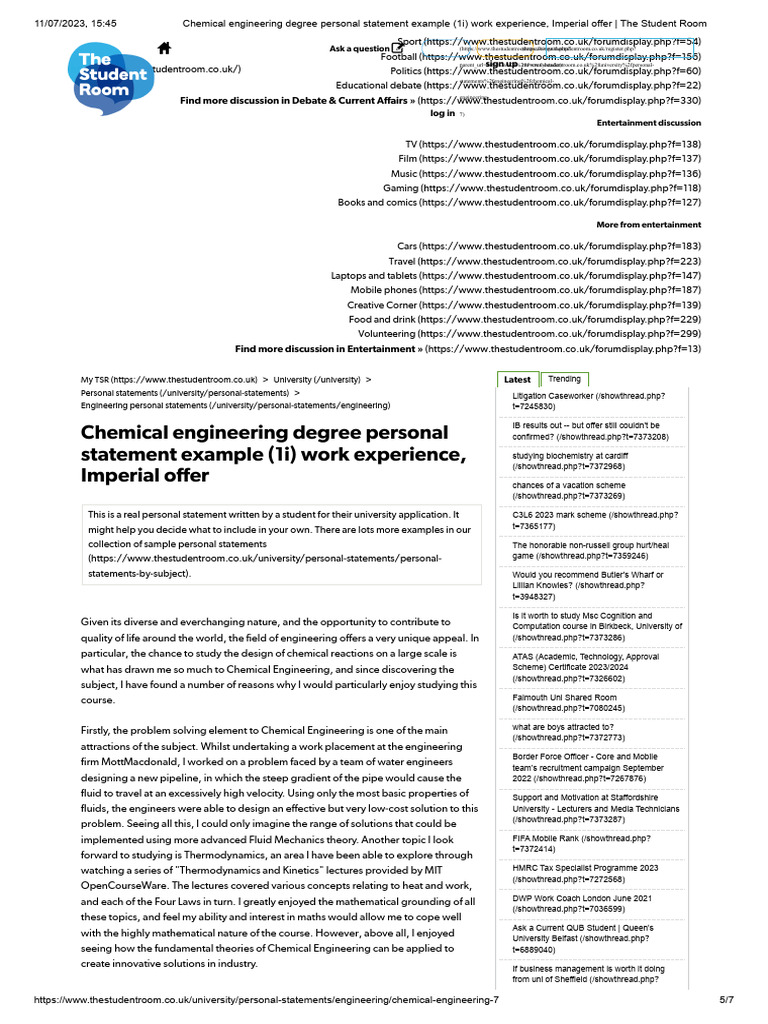 Chemical Engineering Degree Personal Statement Example (1i) Work ...