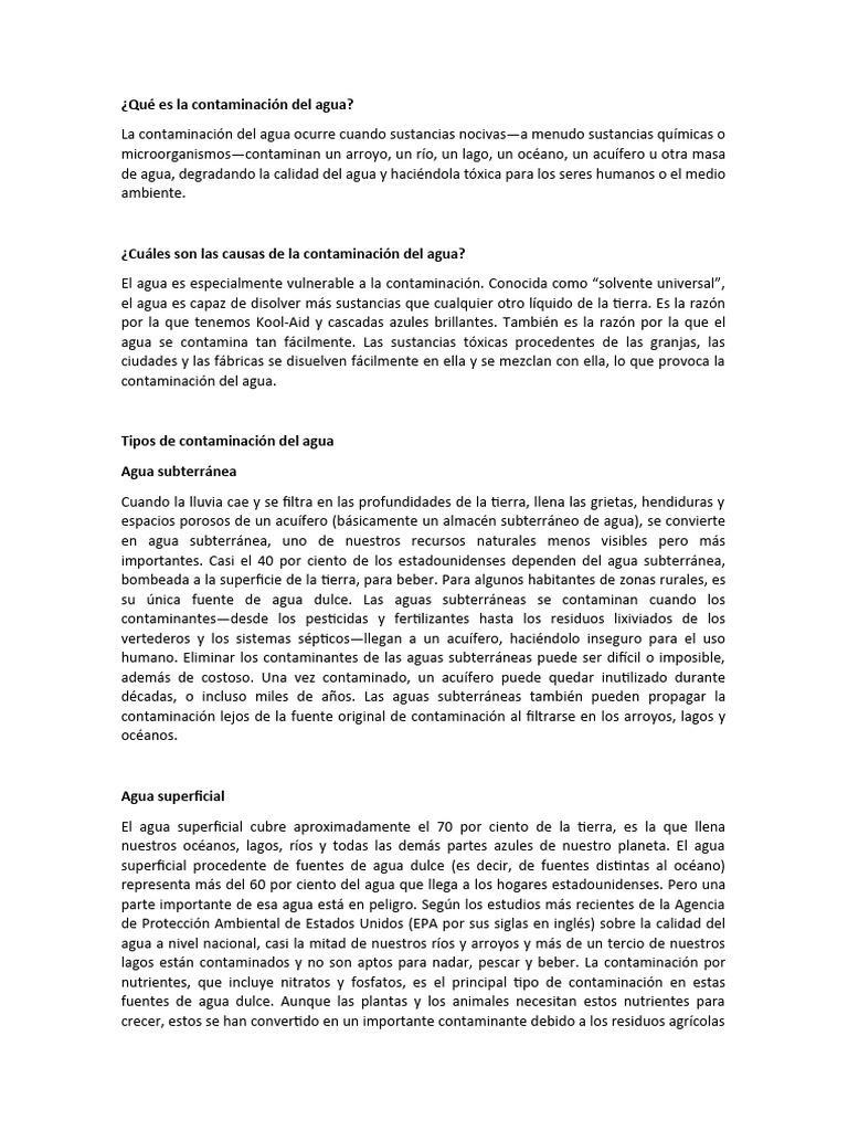 Causas y tipos de contaminación del agua | PDF | Agua | Agua subterránea