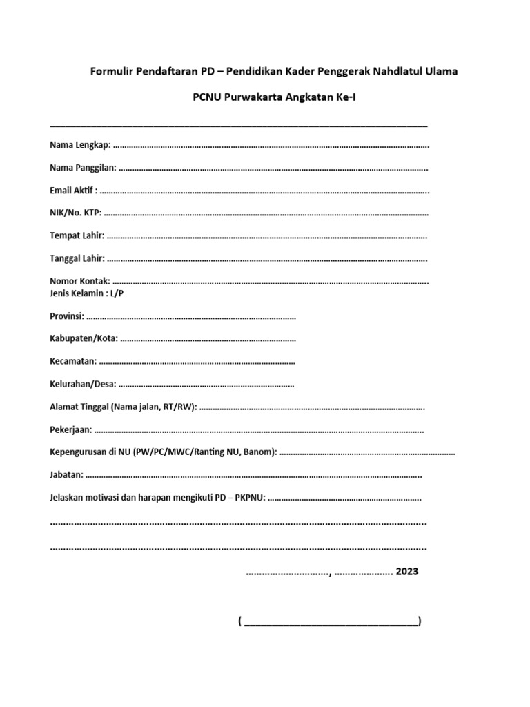 Formulir Pendaftaran PD-PKPNU | PDF