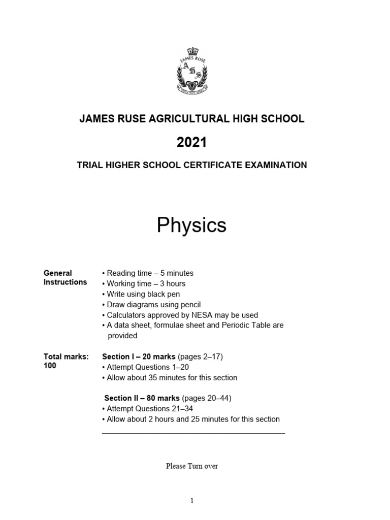 James Ruse 2021 Physics Trials & Solutions PDF Emission Spectrum